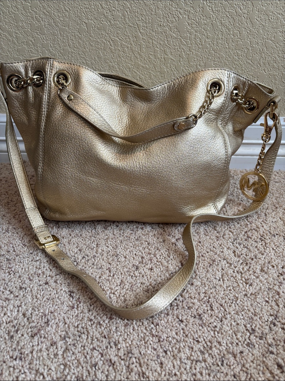 Michael Kors Metallic Gold Leather Shoulder Tote with Chain Accent